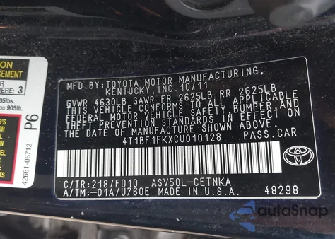 2012 Toyota Camry Le из США, поврежденный, VIN 4T1BF1FKXCU010128